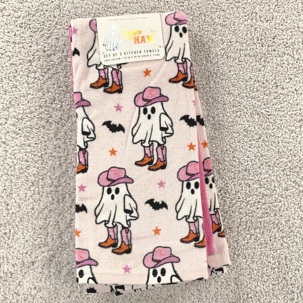 Dream Home Collection Boo Haw Cowboy Ghost Pink Halloween Kitchen Towels Set